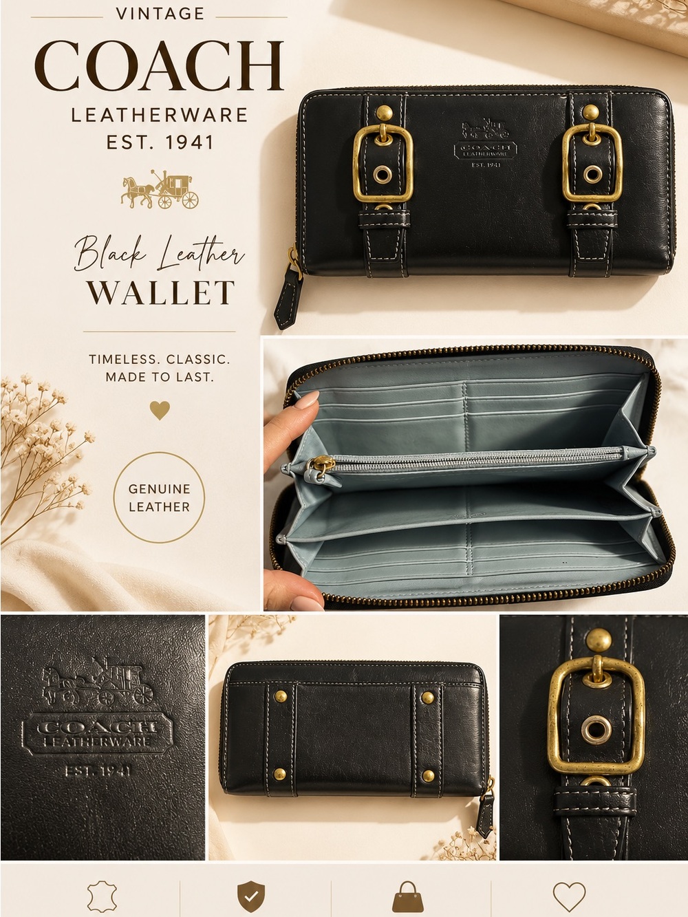 Coach Black Leather Zip Wallet with Embossed Coach Logo